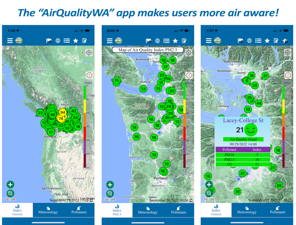 3 screen shots of Air Quality WA mobile app