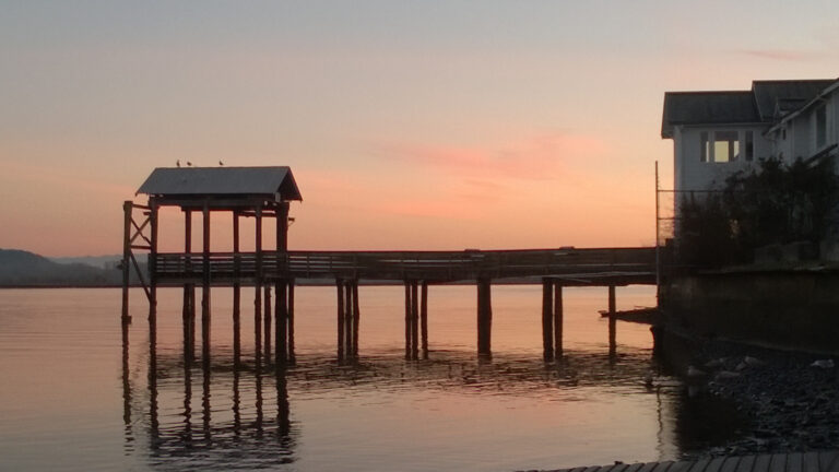 क्षितिज पर एक गुलाबी सूर्यास्त के साथ, शांत पानी पर फैले हुए ढके हुए अंत के साथ एक लकड़ी के घाट की तस्वीर