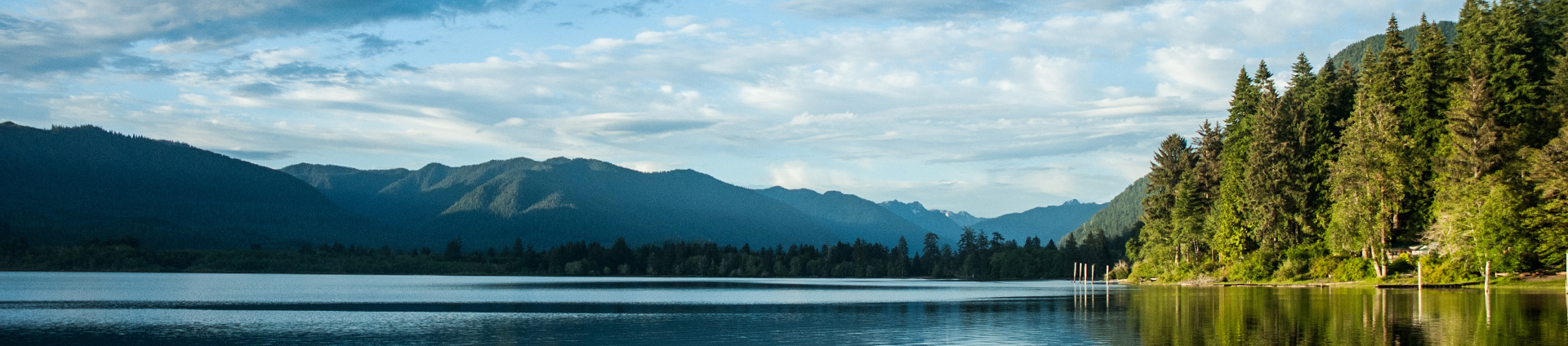 imagen de cabecera del lago Quinault, en calma, cielo azul