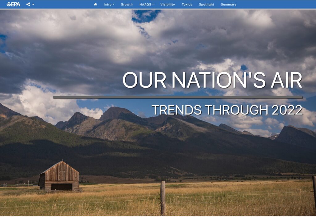 ईपीए से वेबपेज की छवि जिसका शीर्षक है &quot;हमारे राष्ट्र की हवा, 2023&quot;