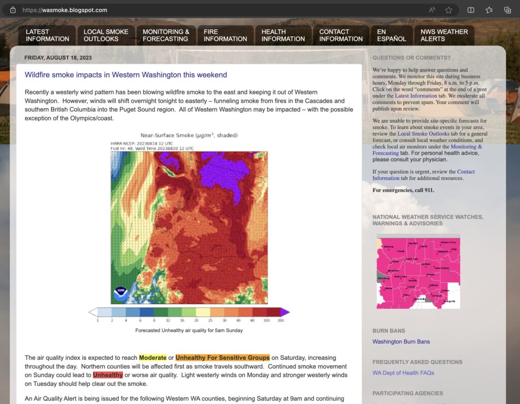 Captura de pantalla del sitio web Washington Smoke Blog