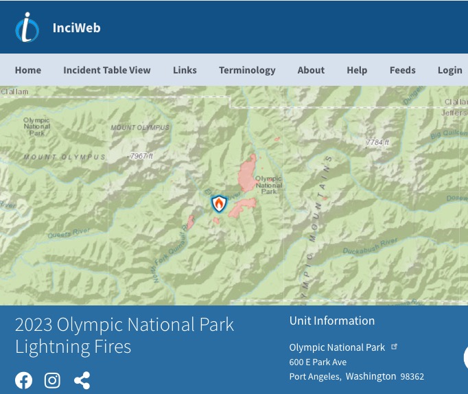 inciweb.nwcg.gov वेबसाइट की स्क्रीनशॉट छवि, ओलंपिक राष्ट्रीय उद्यान का नक्शा दिखा रही है।
