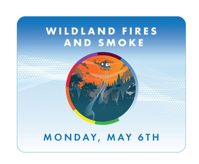 Elemento gráfico que muestra un helicóptero estilizado luchando contra un incendio forestal, con el texto, Wildland Fires and Smoke (Incendios forestales y humo).
