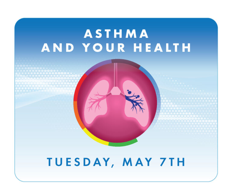 Graphic element showing stylized lungs with text reading "Asthma and your health."