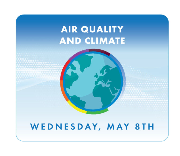 Graphic element showing earth with text reading, "Air Quality and Climate."